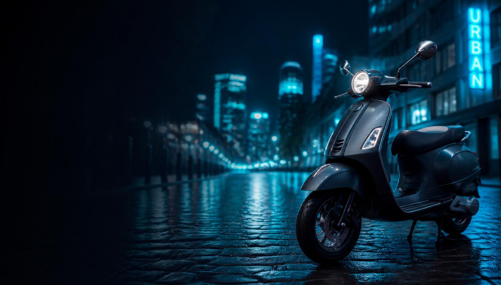 Scooter urbain de nuit sous des néons bleus